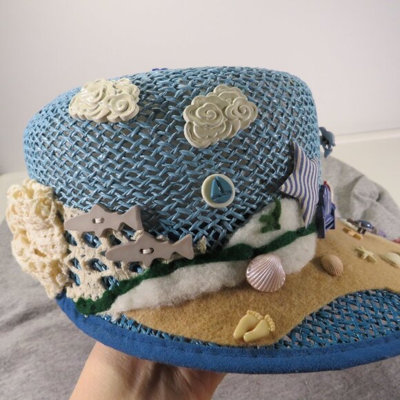 Costal inspired summer hat covered in buttons of sea shells, fish, shark &sun - Picture 6 of 12